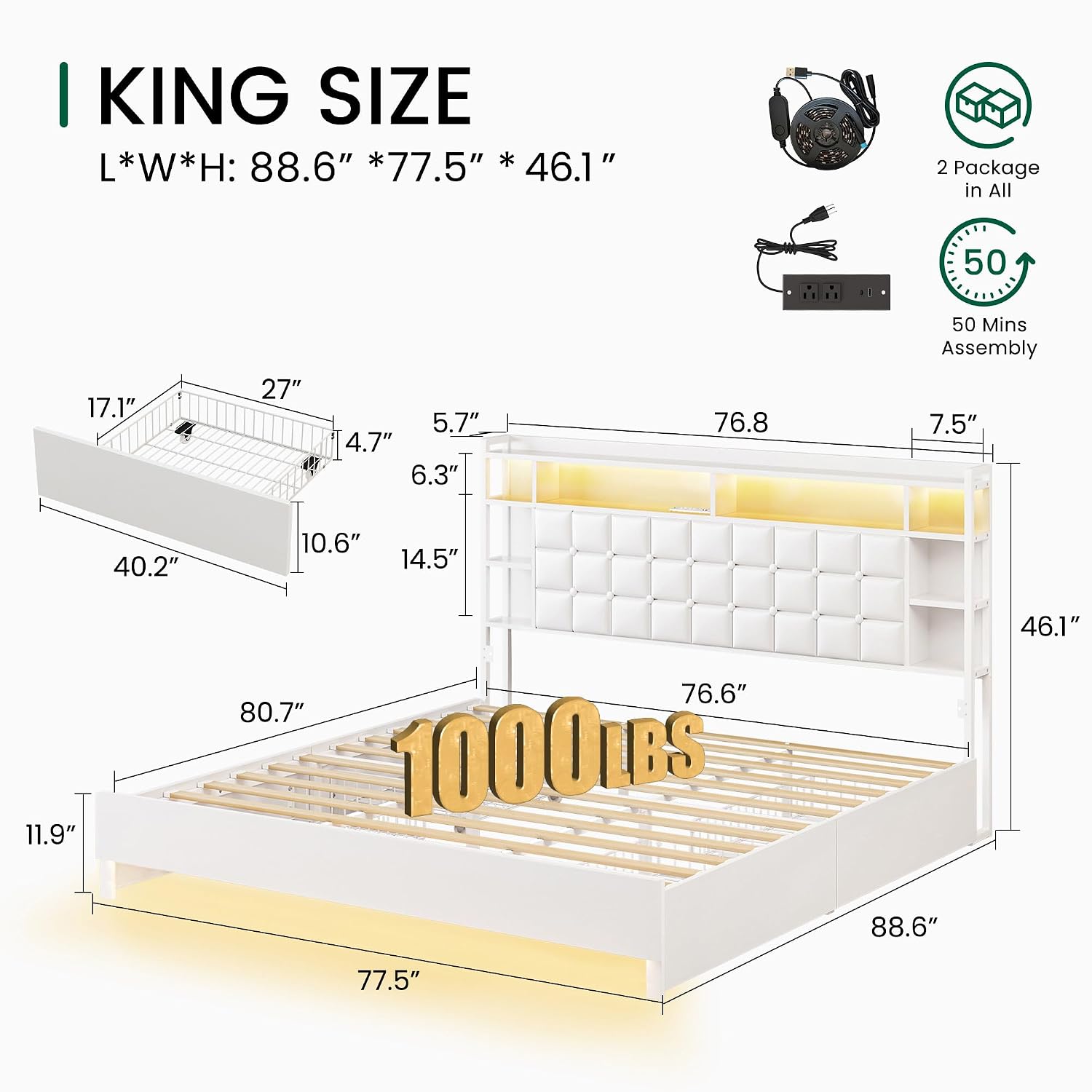 King Size Bed Frame With Storage Drawers - Estrutura de cama de madeira tamanho