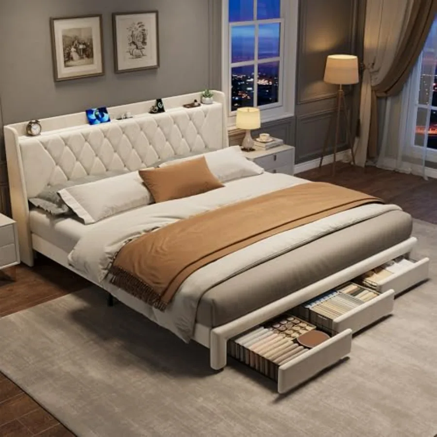 King Size Bed Frame With Storage Drawers - Estrutura de cama plataforma estofada em