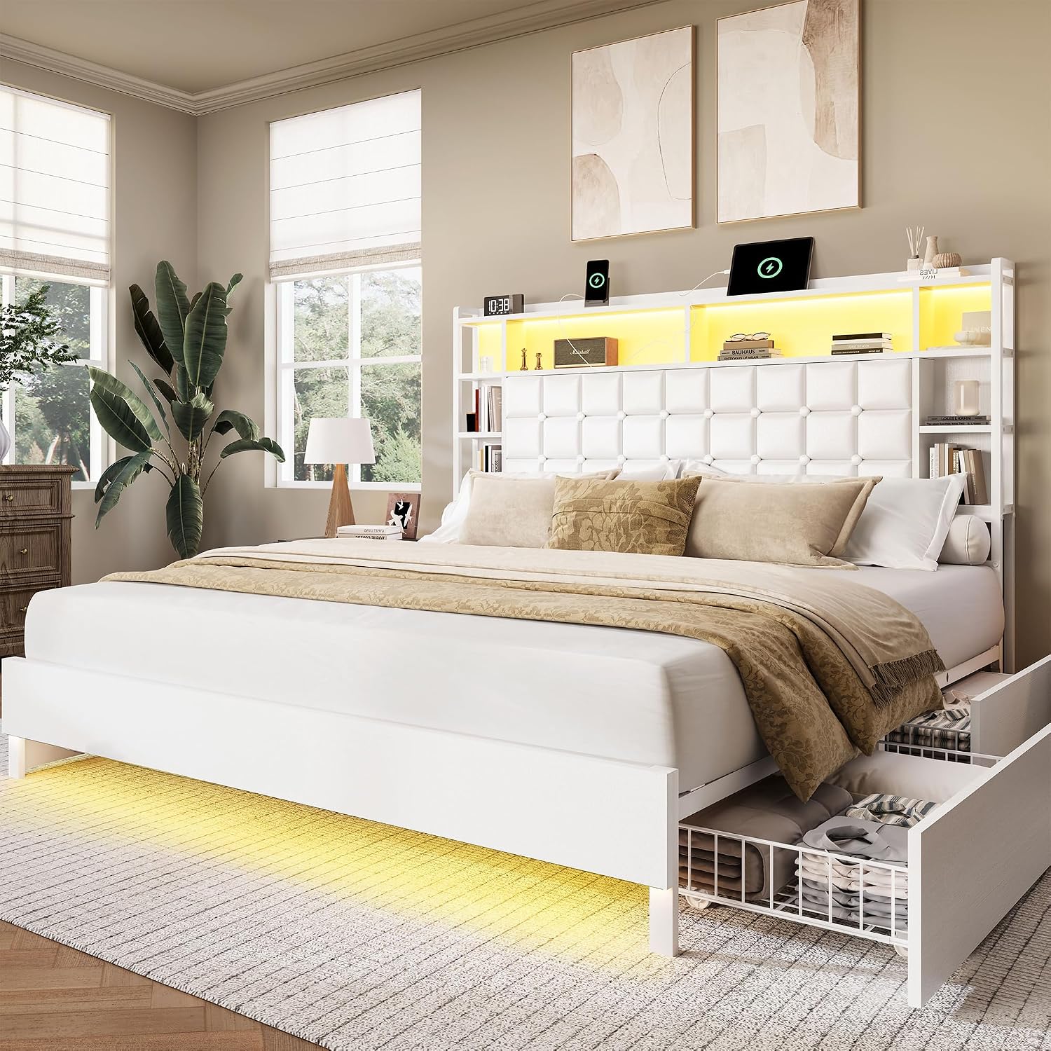 Estrutura de cama de madeira t - King Size Bed Frame With Storage Drawers avaliação e preço