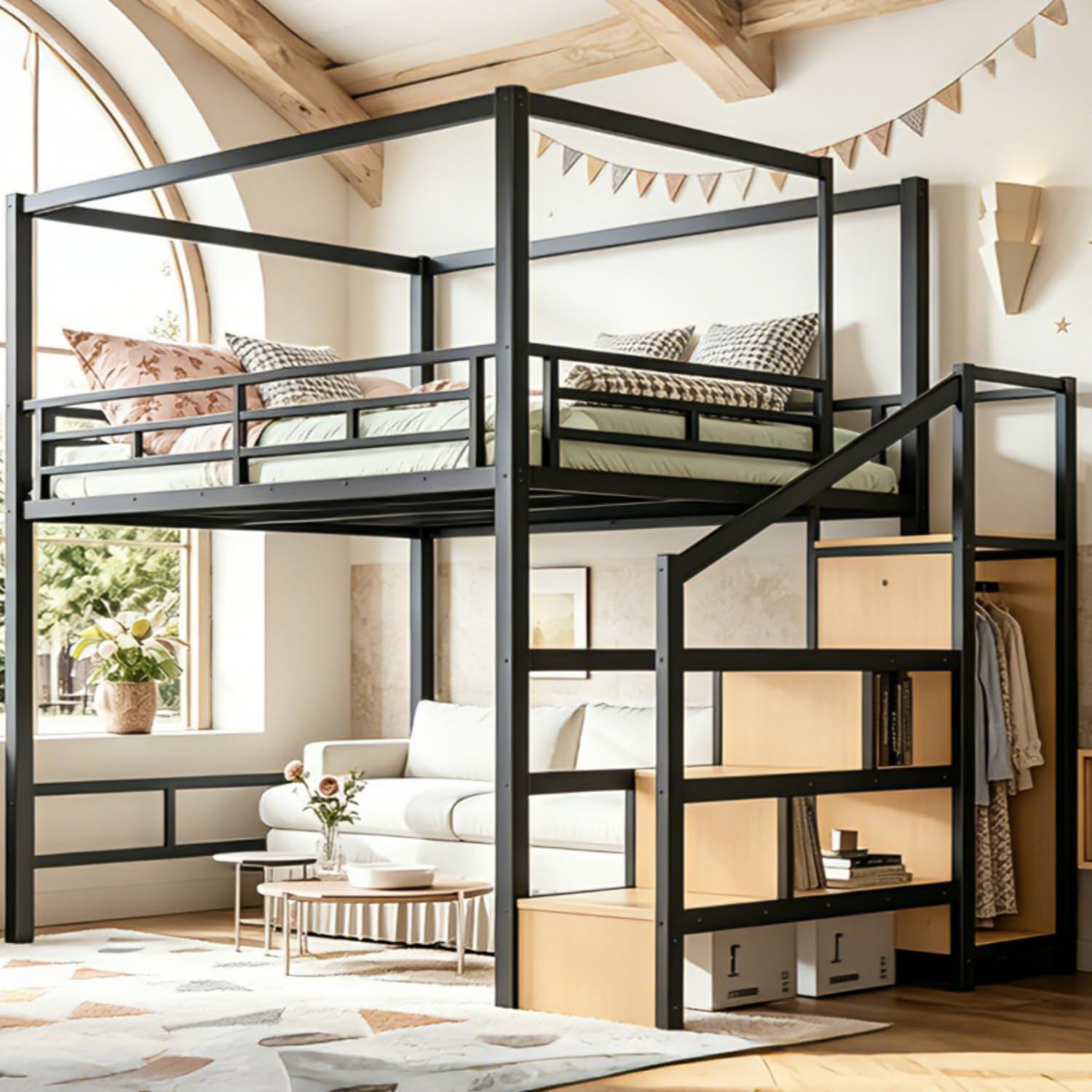 Cama alta tipo queen com escad - Canopy Bed Frame Metal Queen avaliação e preço