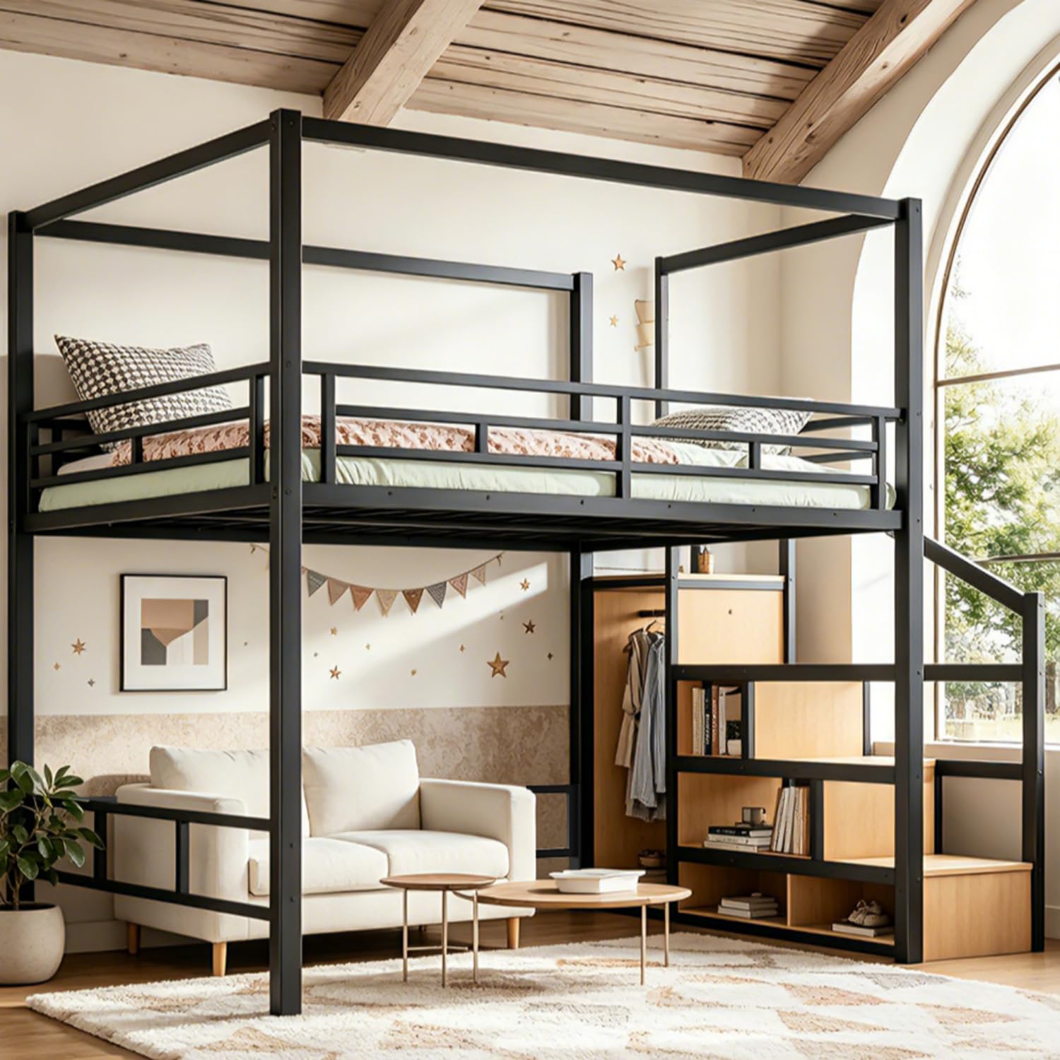 Cama alta tipo queen com escad - Canopy Bed Frame Metal Queen avaliação e preço