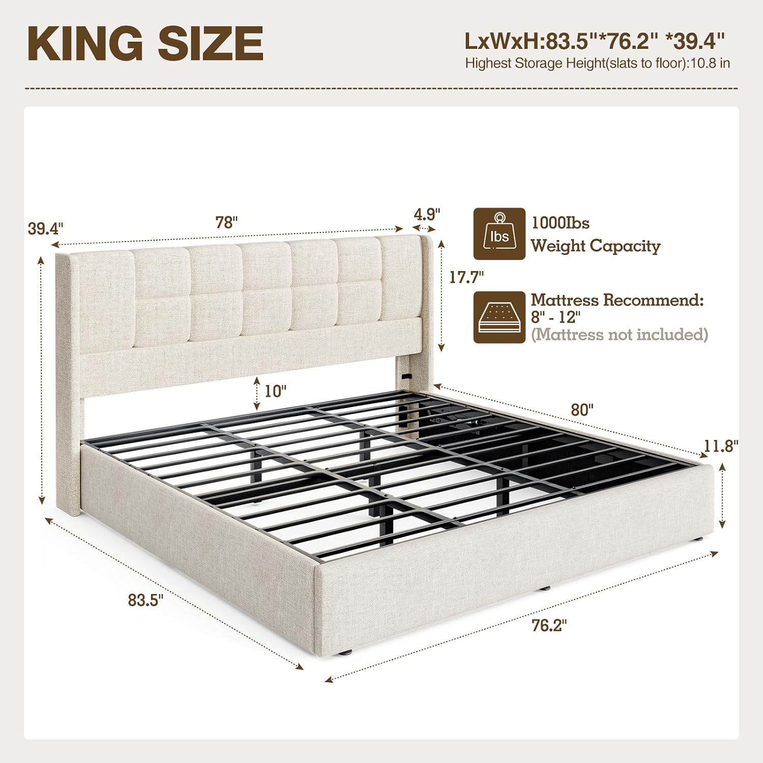 Estrutura de Cama King Estofad - Gas Lift Storage Bed Hydraulic avaliação e preço