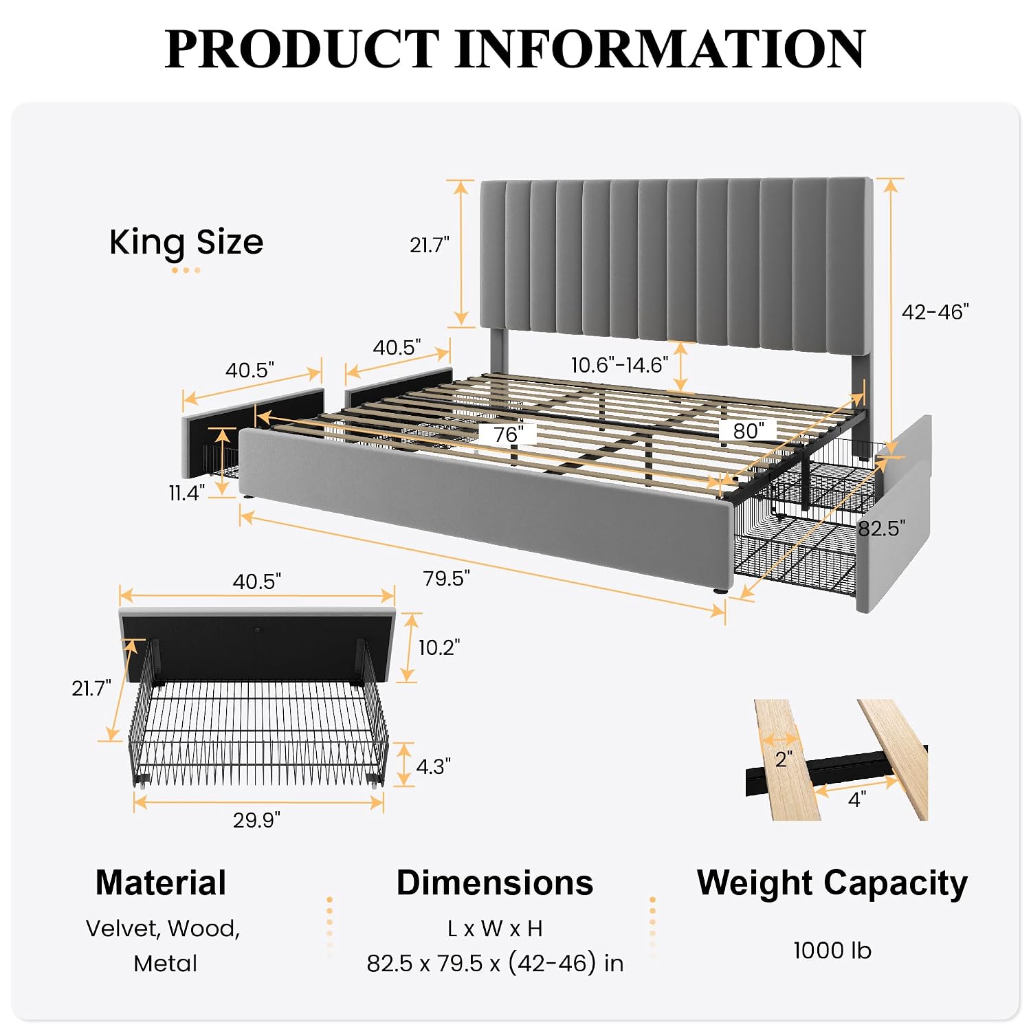 Estrutura de cama de plataform - King Size Bed Frame With Storage Drawers avaliação e preço