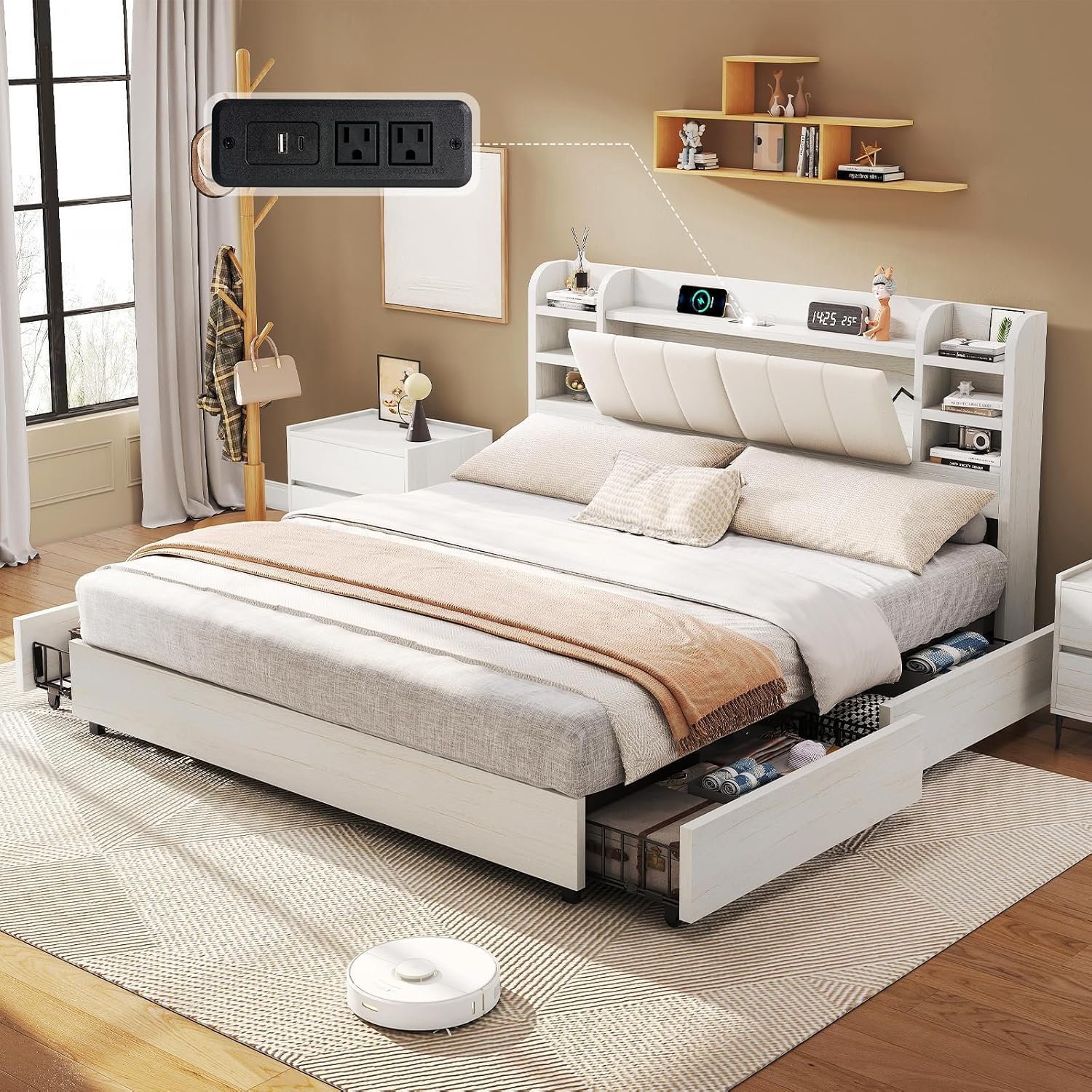 Cama Plataforma Estofada King  - King Size Bed Frame With Storage Drawers avaliação e preço