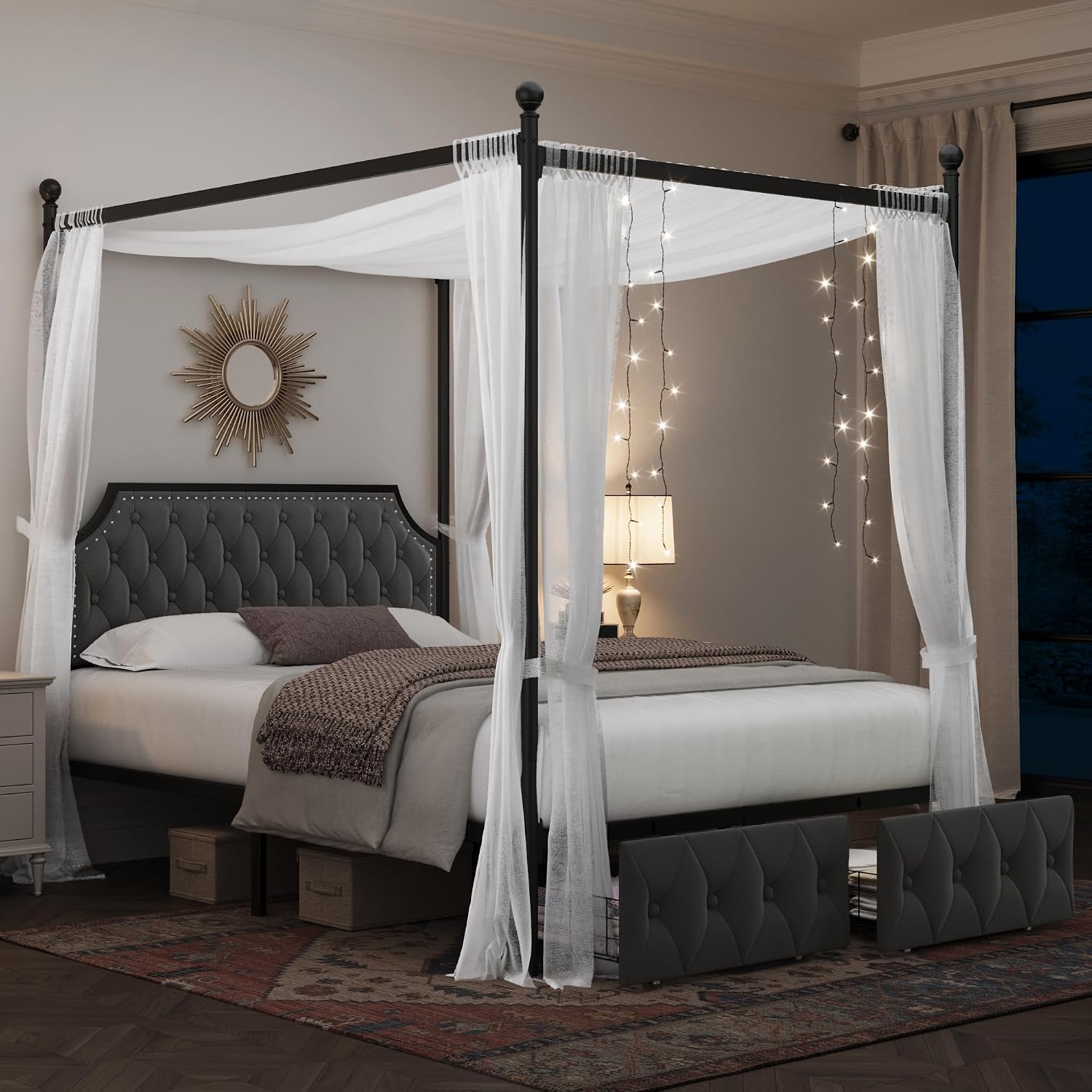Estrutura de cama com dossel e - Canopy Bed Frame Metal Queen avaliação e preço