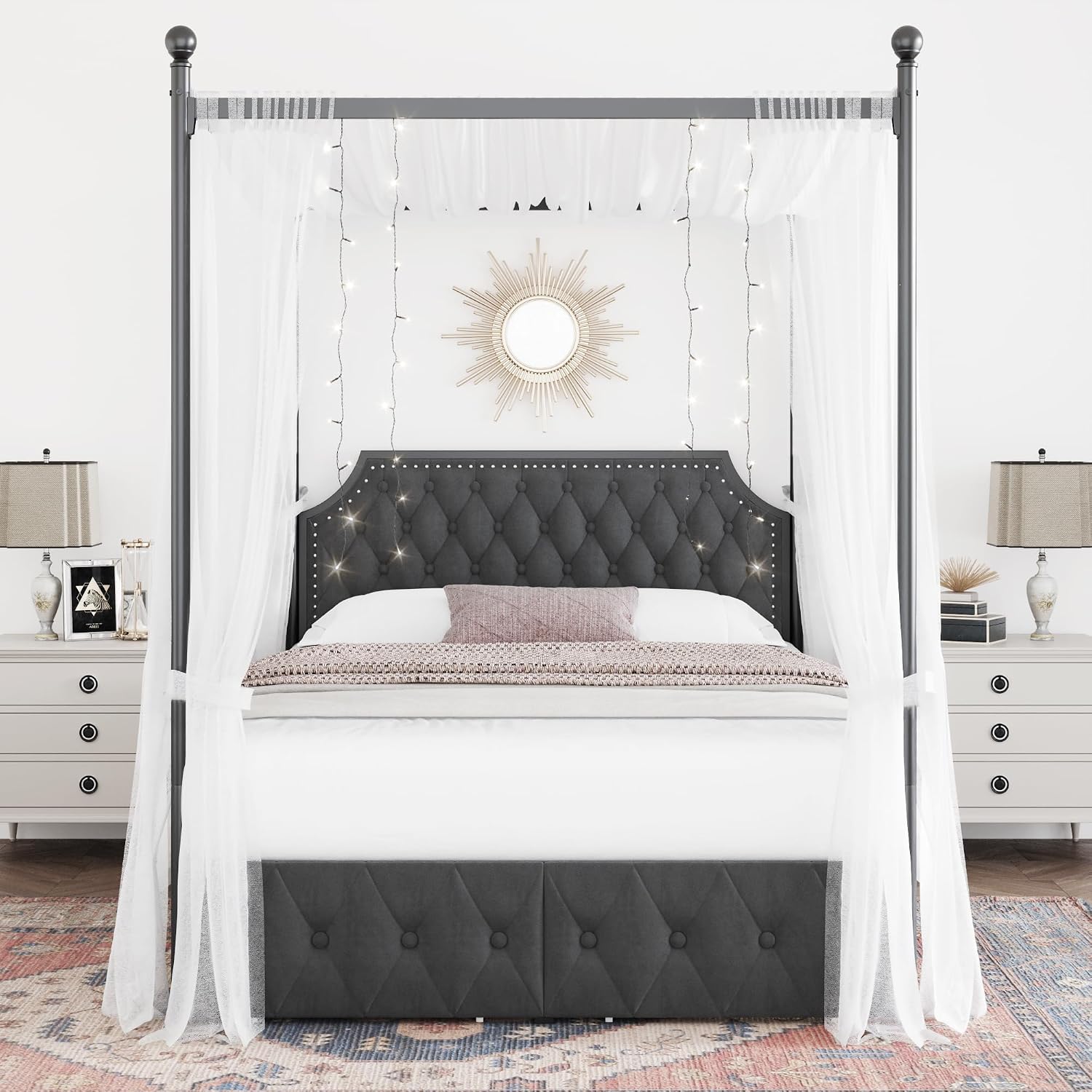 Estrutura de cama com dossel e - Canopy Bed Frame Metal Queen avaliação e preço