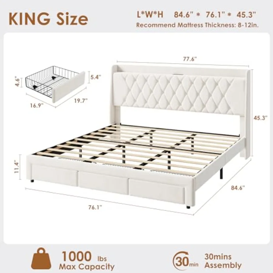 Estrutura de cama plataforma e - King Size Bed Frame With Storage Drawers avaliação e preço